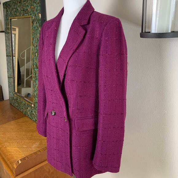Ann Taylor Size 12 Tweed Double Breasted Blazer Jacket Coat Raspberry Plum Warm - Picture 2 of 11